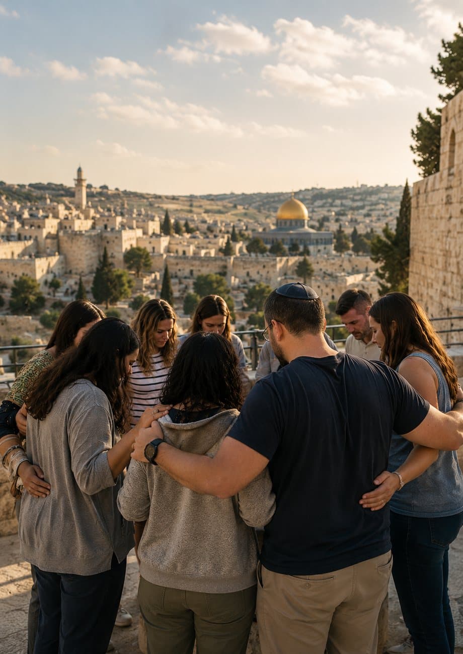 A group gathered in prayer overlooking the Old City of Jerusalem at golden hour