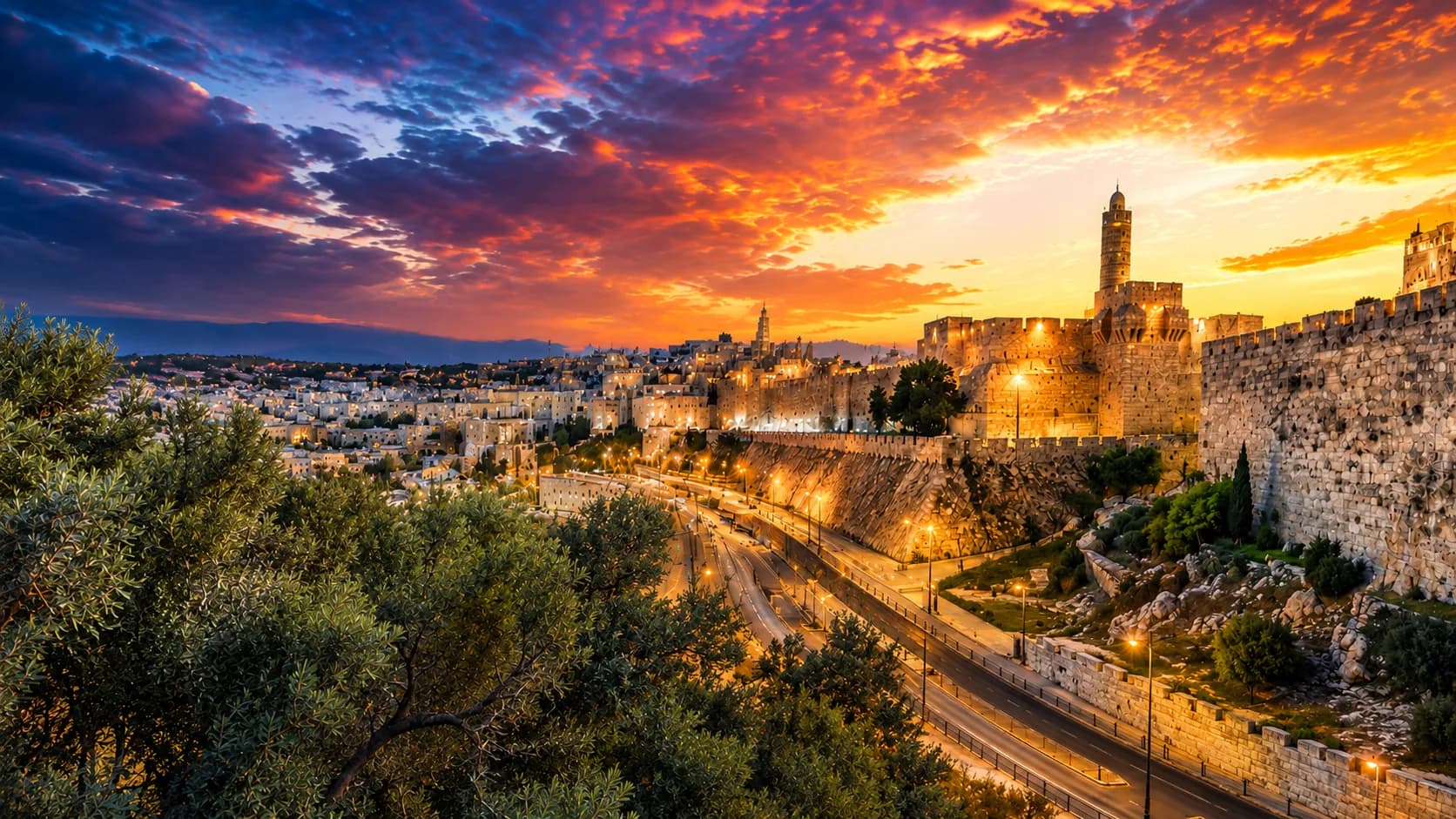 The walls of the Old City of Jerusalem and the Tower of David glowing at sunset